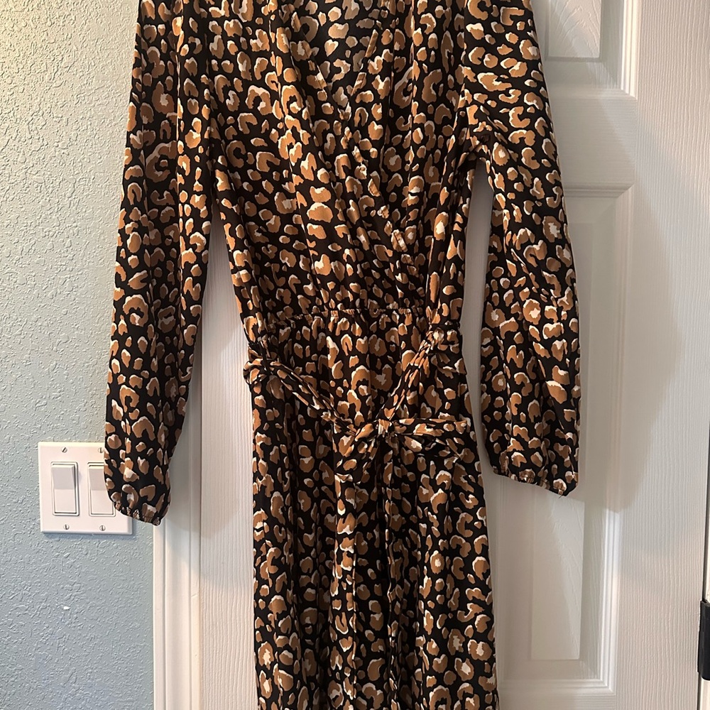 Kaileigh Brown and Cream Leopard-Print Long Sleeve Wrap Dress